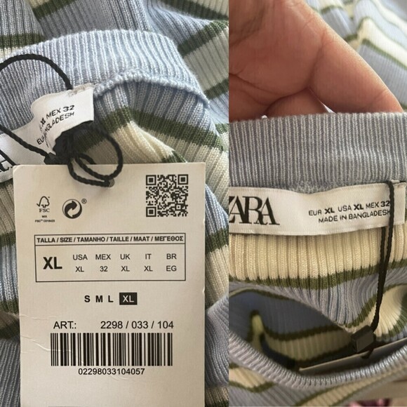Zara Womens Size XL Blue Ribbed Striped Cropped Pullover NEW Crewneck Sweatshirt - Picture 6 of 16